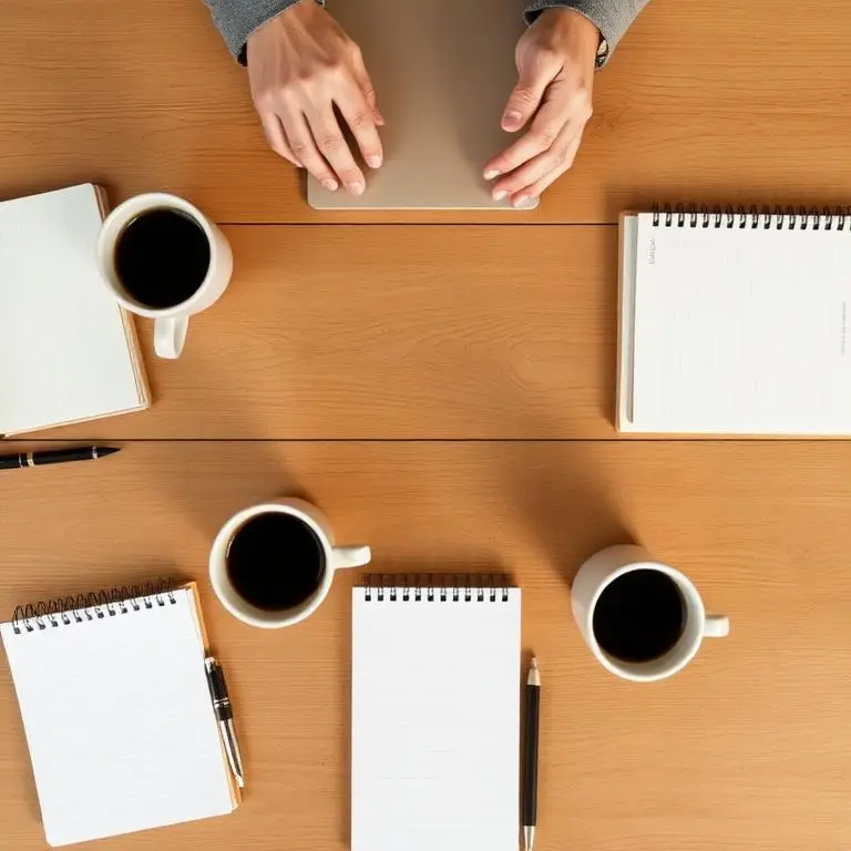 Table de travail collaborative avec carnets et tasses
